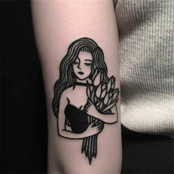 1pc Bueatiful Mergina Netikrą Tatuiruotę, Vyrams, Moterims, Rankos Body Art Vandens Perdavimo Laikinai Tatto Lipdukai Juoda Panele su Gėlių Tatoos