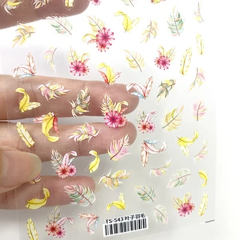 1pcs spalvinga lapų plunksnų 3D Nagų Lipduką Gėlių Modelio Perkėlimas Slankmačiai Apdaila Patarimai Aukščiausios Kokybės Klijais, Žavesio Plunksna