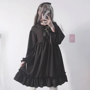 2021 Japonijos Gotikos Vasaros Šifono Suknelė Moterims Derliaus Lankas Tvarstis Pynimas Black Lolita Suknelės Vestidos Skraiste Femme