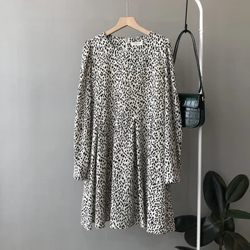 2021 M. Pavasarį Moterys Leopard Print Dress O-Apykaklės Mini Suknelė Vintage Negabaritinių Stiliaus Moteris Prarasti Suknelė Elegantiškas Atsitiktinis Suknelė Vestidos