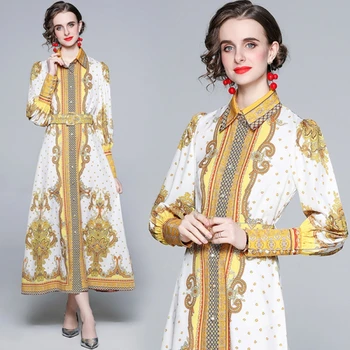 2021 m. pavasarį Moterų Suknelė Elegantiškas Plonas Vintage-line Print Long Sleeve Maxi Suknelės