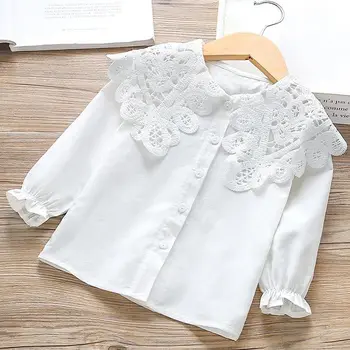 2021 Mergaitės Pavasarį ir Rudenį Vaikų ilgomis rankovėmis marškinėliai, balti marškiniai princesė lankas Vakarų stiliaus drabužius