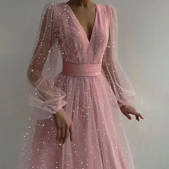 2021 Nauja Moterų Suknelė su V-kaklo Sluoksniuotos Rankovėmis Akių Midi Suknelė Plius Dydis Pasakų Tiulio Nėrinių Suknelė Elegantiška, Ilga Suknelė Vestidos