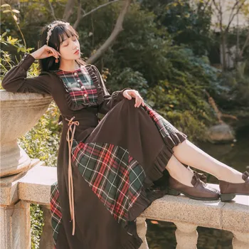 2021 Naujas Rudos Streetwear Moteris Vintage Drabužiai Moterims Velvetas Pledas Suknelės Cottagecore Vasarą, Pavasarį Aukšto Juosmens Raukiniai Suknelė