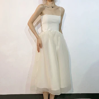 2021 Vasaros Spageti Dirželis Midi Suknelė Moterims, Saldus, Elegantiškas Vintage Suknelė Moterų Berankovis Office Lady One Piece Suknelė Korėjos