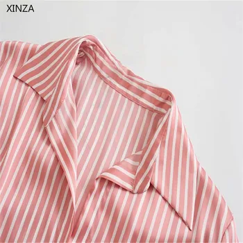 2021 ZA Moterų Rožinis Dryžuotas Marškinėliai Suknelė ilgomis Rankovėmis Ruching Pavasario 