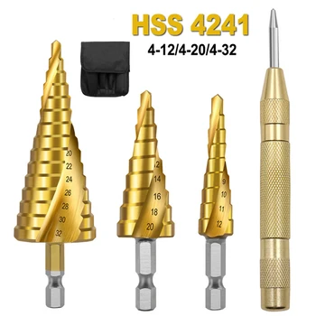 4Pcs HSS Titano Žingsnis Grąžtas 4-32/4-12/4-20mm Žingsnis Kūgio Cutt Įrankiai, Metalo Grąžtas Medienos apdirbimo, Medienos Conbination Įrankių Rinkinys Protas