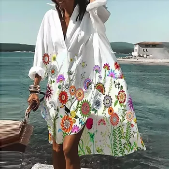 Asmenybės Marškinėliai Suknelė Moterims Baltųjų Gėlių Drugelis Spausdinti Vasaros Suknelės Ilgomis Rankovėmis Mygtukai Cardigan Prarasti Sundress