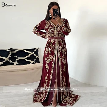 Bordo Caftan Marocain Vakare Chalatai Moterims, Auksu Siuvinėti ilgomis Rankovėmis Musulmonų Vestidos Formales Suknelės chalatai de soirée