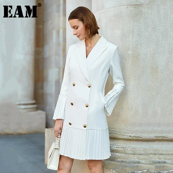 [EAM] Moterys Baltas Dvigubo Breasted Tiktų Plisuotos Suknelė Naują Įpjovomis ilgomis Rankovėmis Palaidi Tinka Mados Banga Pavasario Rudens 2021 1S071