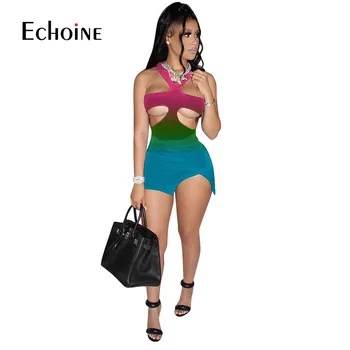 Echoine Moterų Sexy Spalvinga gradientas Tuščiaviduriai Iš Naktinio Klubo Šalis Suknelė Vasaros Drabužių Rankovių Mini Bodycon Suknelės Komplektai
