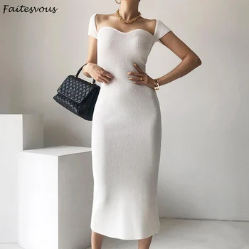Elegantiškas Vamzdžio Viršaus Stebėjimo Suknelė Moterims Korėjos Slim Megzti Suknelę Office Ponios Juoda Balta Ilga Suknelė
