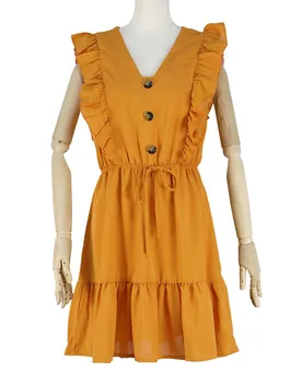 Elegantiškas Vasaros Moterų Suknelės, Kieti V-Kaklo Drugelio Ruffles Rankovėmis Mygtuką Raišteliu Lady Mini Suknelės Vestidos W232