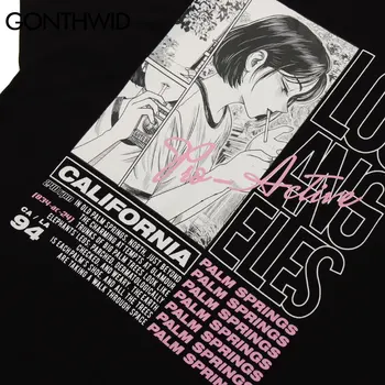 GONTHWID Tshirts Streetwear Harajuku Atsitiktinis Vyrų Animacinių filmų Anime Rūkymas Mergina Spausdinti Trumpas Rankovės Medvilnės Marškinėliai Hip-Hop Tees Viršūnės