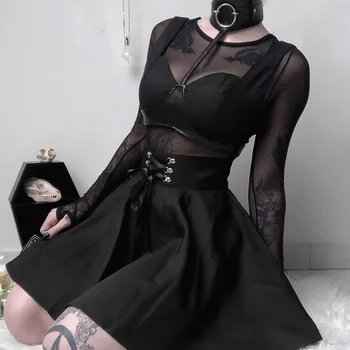 Gotikos Juodas Sijonas, Japonų Stiliaus Hipster Juoda JK Burbulas Sijonas Moterų Nėriniai-up Atgal Zip Ins Mergina Mini sijonas Klostuotas Sijonas