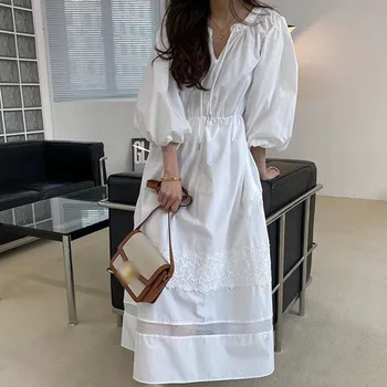 Japonų Stiliaus Mados Atsitiktinis 2021 M. Vasarą Ponios Suknelė Temperamentas Elegantiškas Aukšto Juosmens Nėrinių Sujungimas Vientisos Spalvos Sluoksniuotos Rankovėmis