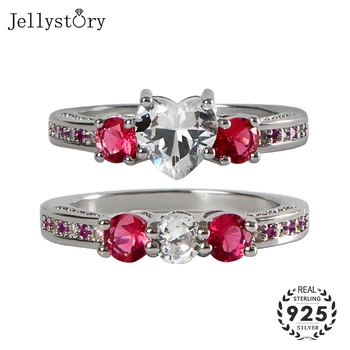 Jellystory prabangus žiedas 925 sterlingas sidabro papuošalai su širdies formos rubinas brangakmenio 2 in 1 žiedas moterims vestuvių dalyvavimo šalies