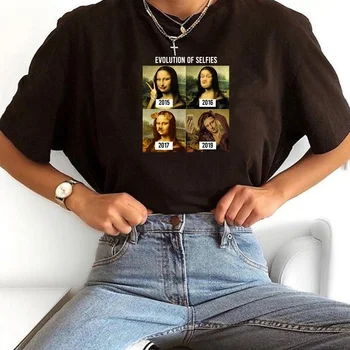 Juodos Spalvos Marškinėliai Moterims Evoliucija, Selfies Mona Lisa Juokinga T-Shirt Hipsters Meme Marškinėliai Mielas Vasaros Viršūnes