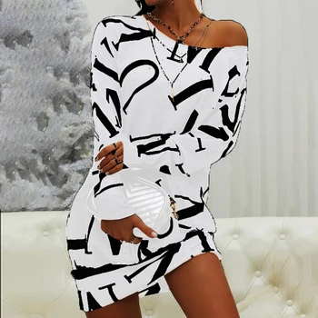 Laiško Spausdinimo Mini Suknelė Moterims Seksualus Klubas Nuožulnios Pečių Ilgai Batwing Rankovės-Line Suknelės 2021 M. Rudenį Naujų Sundress