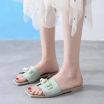 Mada Vasarą Moterys Puošnios Šlepetės PU Odos Vintage Flip Flop Butas su Skaidrių Batai Butas Šlepetės Moterų Sandalai 2021