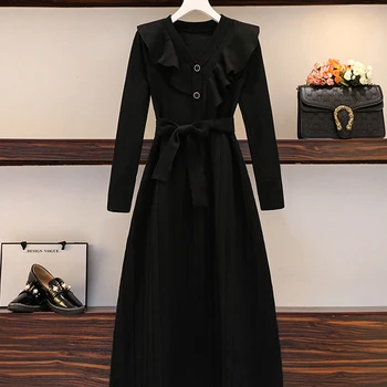 Megzti Suknelę Moterų Atsitiktinis ilgomis Rankovėmis Derliaus Elegantiškas Biuras Megztinis Suknelė Moterų 2021 M. Žiemą Vienas-piece Suknelė korėjos viršutinių drabužių siuvimas