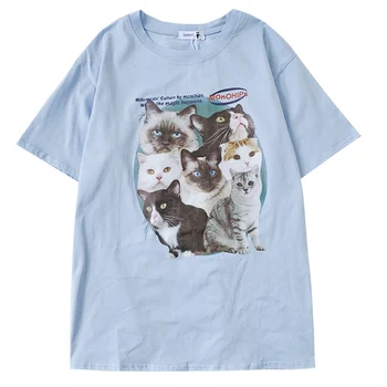Mielas Katė Gyvūnų Spausdinti Moterų Marškinėliai Vasarą Pieno Mėlynos Apvalios Kaklo Laisvi Ir Slim Atsitiktinis Universalus trumpomis Rankovėmis T-shirt