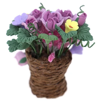 Miniatiūriniai lėlių Molio Gėlių Rotango Puodą Sodinamoji Pasakų Sodo Augalų Aksesuaras 1:12 Masto Violetinė Gėlė