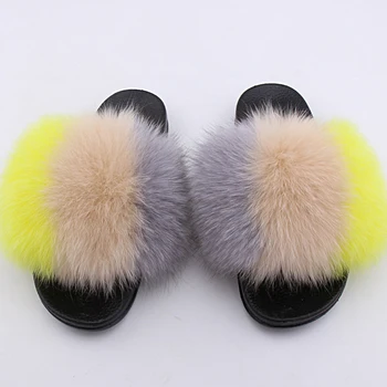 Moterų Purus tikro Kailio Šlepetės Patalpų Atsitiktinis Fuzzy Sandalai Mielas Usūrinių Fox Fur Skaidres Moterų vasarnamyje Batai 2021 TX001