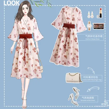 Moterų suknelė Japonijos vasaros šifono mielas gėlių nėrinių aukšto juosmens traf Mergautinė Suknelių mada, retro V-kaklo, nėriniai y2k Moteriška suknelė