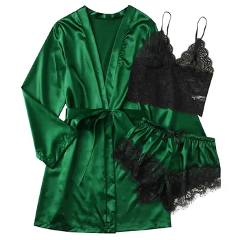 Naujas 3 Gabalus Moterų Pižama Rinkiniai Šilko Pižama Sleepwear Rinkiniai, Elegantiškas, Seksualus Nėriniai Mados Atsitiktinis Namų Drabužius, naktiniai drabužiai #t2g