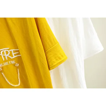 Nkandby Plius Dydis Vasaros Moterims T-shirt 2021 Mados korėjos Ledo Šilko V-kaklo, Akių Kratinys Marškinėliai Siuvinėjimo Duobute Padalinta Viršūnės