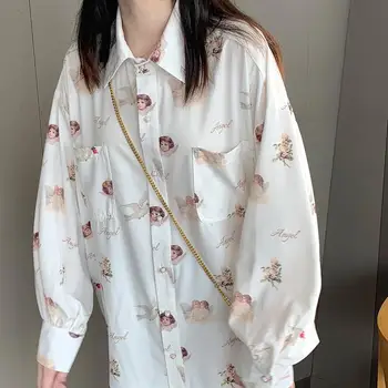 Pavasarį Moterys Viršūnes Atsitiktinis Kišenės Marškinėliai 2021 Office Spausdinti Marškinėliai Balti Mygtuką Iki Vasaros Top Šifono Palaidinė Japonijos Blusas Mujer