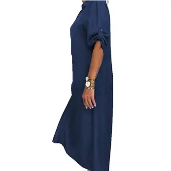 Plius Dydis Vasaros Suknelės Moterims Pusė Rankovės Derliaus Pusėje Išilginio Hem V-kaklo Atsitiktinis Palaidų Streetwear Ilgai Džinsinio audinio Suknelė
