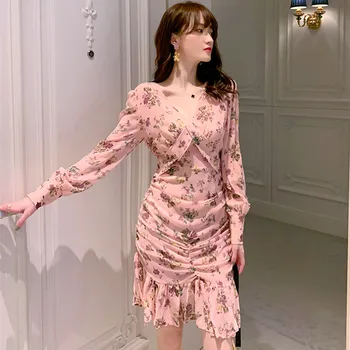 Populiarus 2021 M. Pavasarį Prancūzijos Romantiškas Gėlių V-Kaklo Šifono Suknelė Elegantiškas Ruffles Undinė Vestidos Raukšlės Bodycon Moterų Suknelės