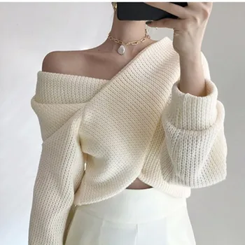 Qiu dong korėjos mažai asmenybės kašmyro megztinis sutartis šiltas šiltas ir seksualus off-the-pečių crossover v-kaklo džemperis