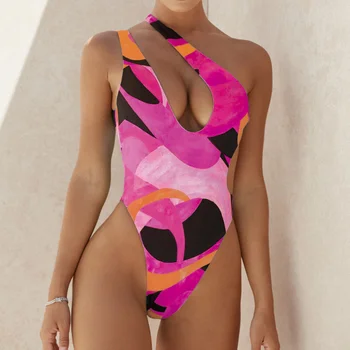 Seksualus maudymosi kostiumėlis vientisi maudymosi kostiumėlį, 2021 M. maudymosi Kostiumėliai Moterims Spausdinti Vienos Pečių Bodysuit Push Up Brazilijos Maudymosi Kostiumą Paplūdimio