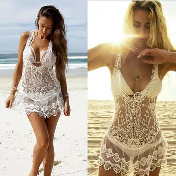 Seksualus Moterų Paplūdimio Cover-Up Dress Maudymosi Kostiumėliai, Vasarinės Bikini Moterims Nėrinių Matyti Per Nėrimo Skėtį Nuo Saulės Perspektyvos Suknelė
