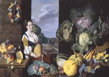 Seras Natanielius Bacon: Cookmaid su Dar Gyvenimo, Daržovių ir Vaisių ŠILKO PLAKATAS Dekoratyvinis dažymas 24x36inch