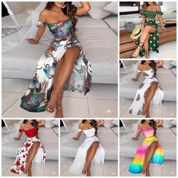 Sexy Vasaros Kostiumas Pynimas Bohemijos Retro Ritininės Ilgas Sijonas Spausdinti Moterų Suknelė Rinkiniai Moterų Atsitiktinis Paplūdimio Atostogų Drabužių Dviejų Dalių Komplektas