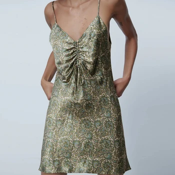Spageti Dirželis Suknelė Moterims 2021 Elegantiškos Mados Paisley Jaukus Lankas Mini Suknelė Vintage V Kaklo Reguliuojami Dirželiai Camisole Suknelės