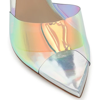 Styish Holografinis PVC Aštrus Smailus Pirštas Aukštakulniai Moteriški Aišku, Sandalai Skaidrus Mulų Ponios Obcasie Šlepetės Šalies Bateliai
