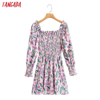 Tangada Moterų Violetinė Gėlių Romantiška Suknelė Sluoksniuotos ilgomis Rankovėmis Patelės Mini Suknelės Vestidos 1F219