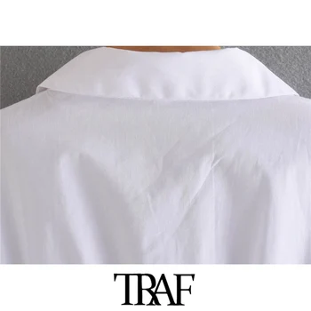 TRAF Moterų Elegantiškos Mados Su Puoštas Popelinowy Balta Mini Suknelė Vintage ilgomis Rankovėmis Mygtuką-iki Moterų Suknelės, Vestidos Mujer