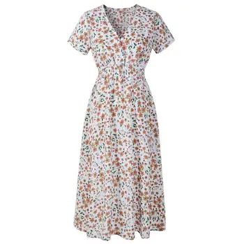 Trumpas Rankovės Gėlių Spausdinti Vasaros Moterų Suknelė V-Kaklo Aukštos Juosmens Suknelė Vintage Moterų Mini Juoda suknelė Vestidos 2021