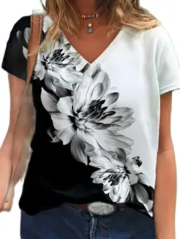 Vasaros Derliaus Moterų Prarasti V-Kaklo Gėlių Spausdinti Marškinėliai Trumpomis Rankovėmis Kasdienių Drabužių Ponios Viršų Tshirts Gatvės Puloveris 2021
