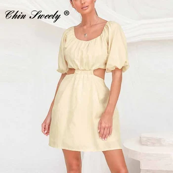 Vasaros Medvilnės Linija Mini Suknelė Moterims, Trumpas Sluoksniuotos Rankovėmis Tuščiaviduriai Juosmens Suknelės Moterų 2021 Atostogų Balti Sexy Lady Suknelė Drabužių