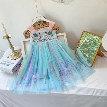 Vasarą Merginos Princesė Suknelė 2021 Naujų Animacinių filmų Vienaragis Gėlių Vaikai Šalis Drabužius 2 3 4 5 6 7 Metų Vaikams Vaikų Komplektai