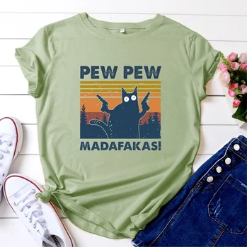 Vasarą Moterys Marškinėliai Medvilnės Plius Dydis 5XL Funny Cat su Šautuvu Pew Pew Spausdinti Grafinis Tees Viršūnes Trumpas Rankovės O-Kaklo Atsitiktinis Tshirts