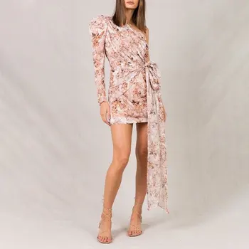 Vasarą Prancūzų Stiliaus Gėlių Šifono Spausdinti Nėrinių Mini Suknelė Moteriška Vieną Petį Slim Seksualus Suknelės, Šaliai, Moterys, Atostogų Vestidos