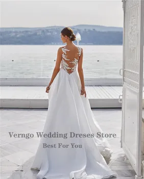 Verngo 2021 Korėja Stiliaus Linija Šilko Satino Vestuvių Suknelė, Paplūdimio Vien Kaklo Klostes Nėrinių Aplikacijos Iliuzija Atgal Vestuvinės Suknelės